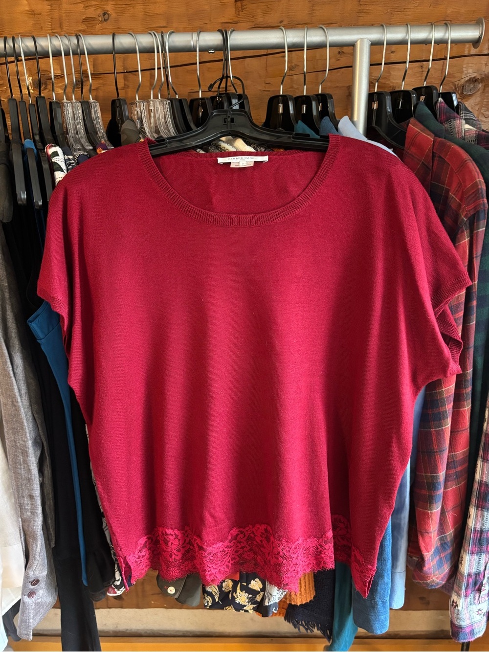 Gerard Darel Wine Short Sleeve Knit Top with Lace Hem